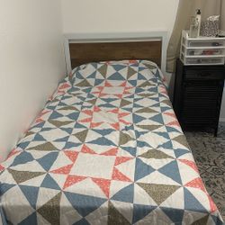 Twin Bed (white Metallic Outer Shell With A Light Wood Headboard)