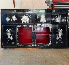 Vintage Chinese Black Lacquer Mother of Pearl Inlay Sideboard