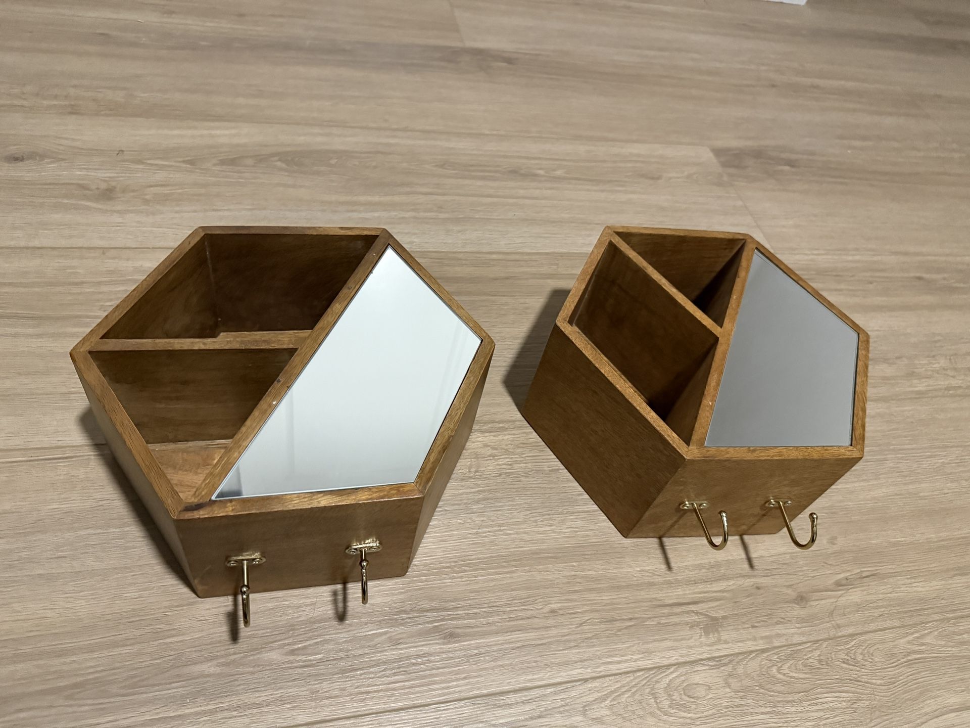 Set of 2 Vintage Wood Hexagon Wall-Mounted Cubby Shelves with Mirror & Hooks