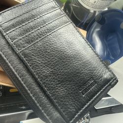 Black Leather Card Wallet With Zipper Compartment