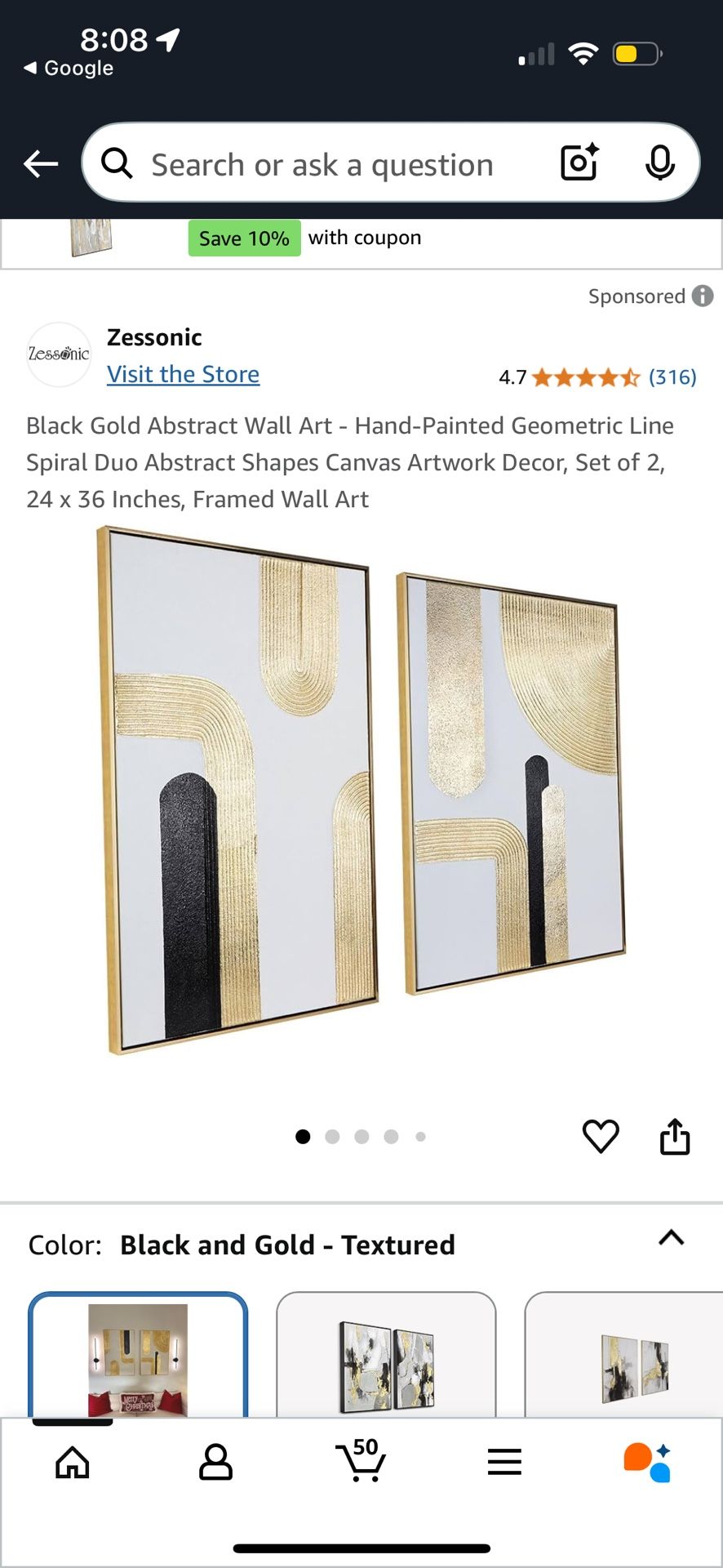 Set of 2 Black & Gold Abstract Wall Art – Framed, Hand-Painted 24”x36”