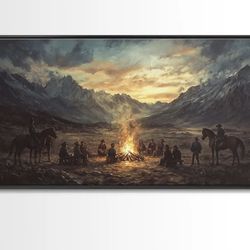 Sunset Cowboys Around Campfire