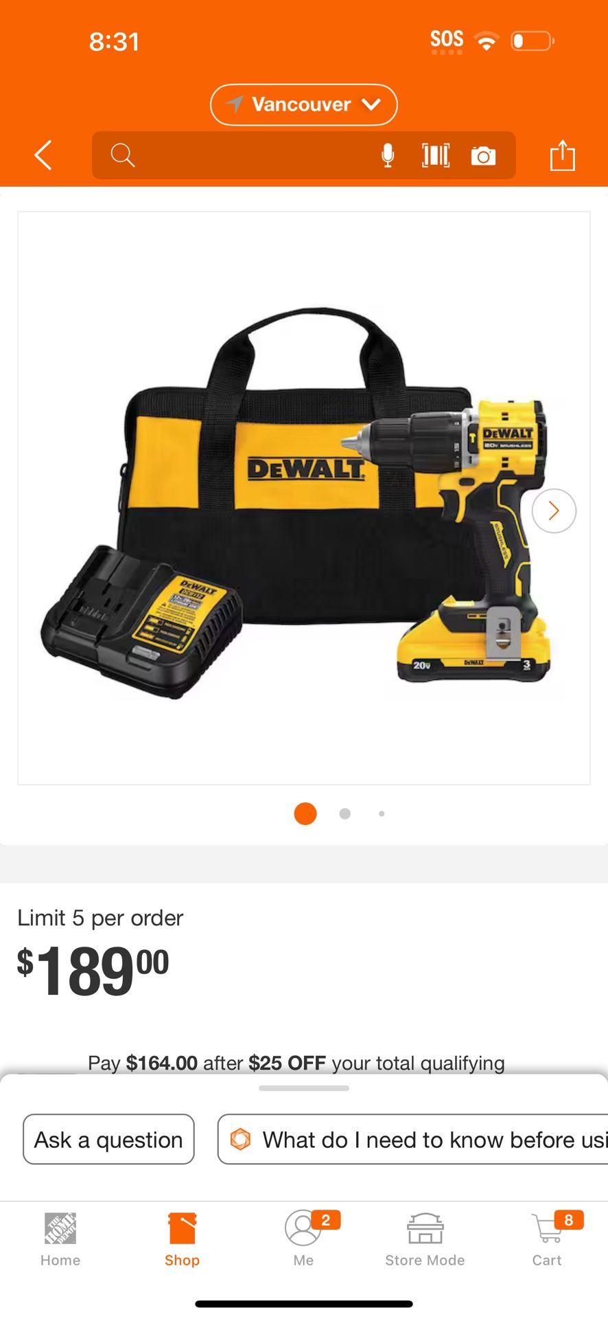 DEWALT ATOMIC 20-Volt Lithium-Ion Cordless 1/2 in. Compact Hammer Drill with 3.0Ah Battery, Charger and Bag