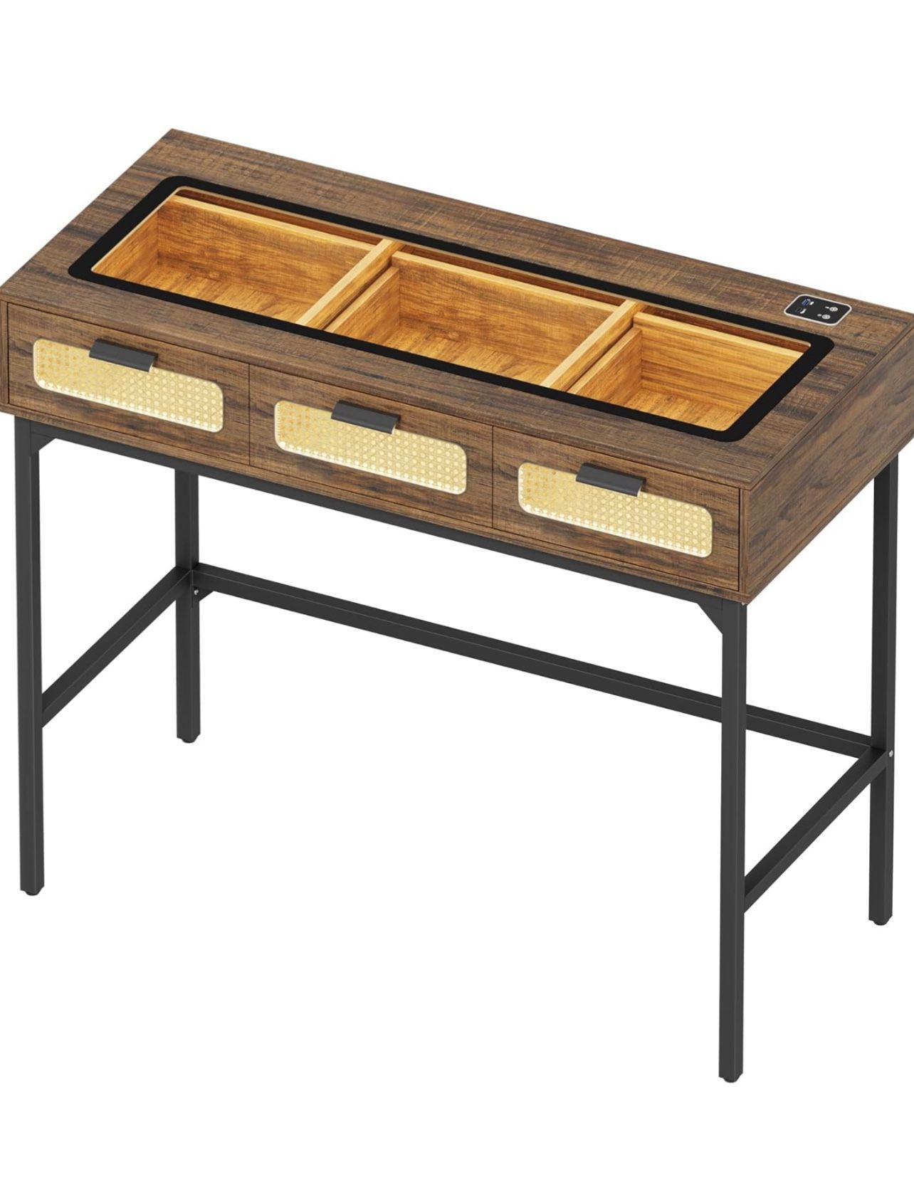 Brand New In The Box- Rattan Makeup Vanity with LED Lights, Vanity Desk with Glass Top Design & Charging Station, Wooden Makeup Table with Drawers, Dr