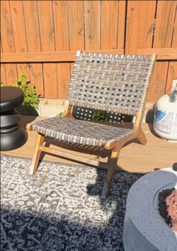 Solid Wood Outdoor Lounge Chair with Woven Strap Seat & Back
