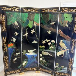 Chinese Black Lacquer Folding Screen Mother of Pearl 4 Panel