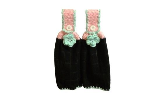 Oven Door Towels-Kitchen Towel Set-Spring Flower-Light Pink and Light Green Crochet Top With White Buttons Kitchen Towels Set of 2