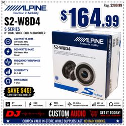 🚨 No Credit Needed 🚨 Alpine S-series Bass Speaker 8" Dual Voice Coil Subwoofer 4-Ohm 900 Watts S2-W8D4🚨 Payment Options Available 🚨