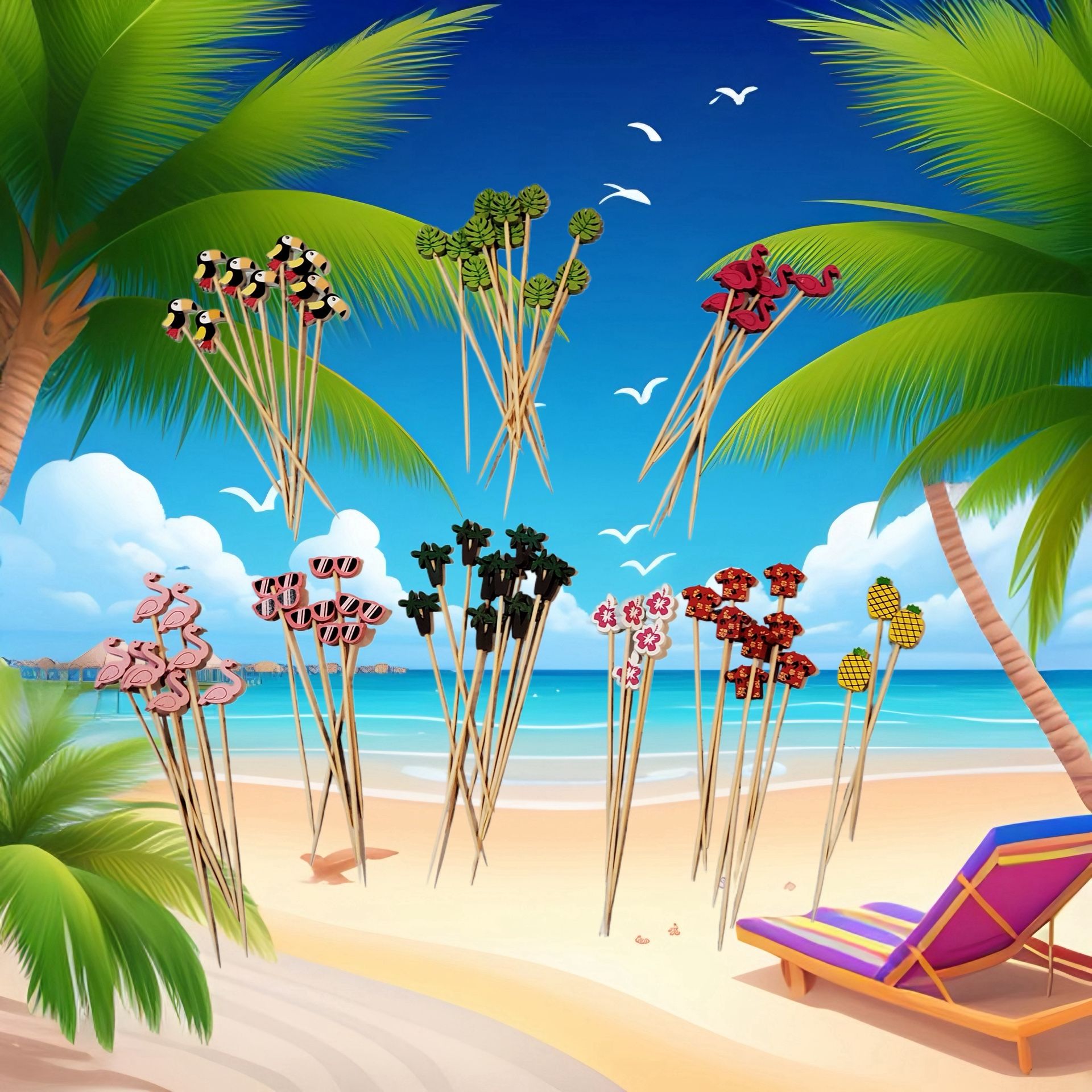 Decorative Bamboo Fruit Picks, Beach Party Picks, 65 Pieces Skewers 5in.