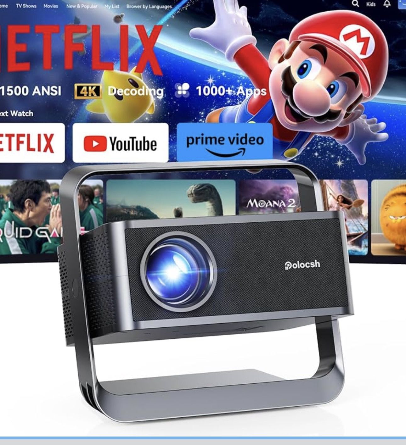 Smart Projector 1080P 4K Support with WIFI 6 and 2-Way Bluetooth 1500ANSI Auto Keystone Electric Focus Mini Projectors Home Theater Movie Outdoor Port