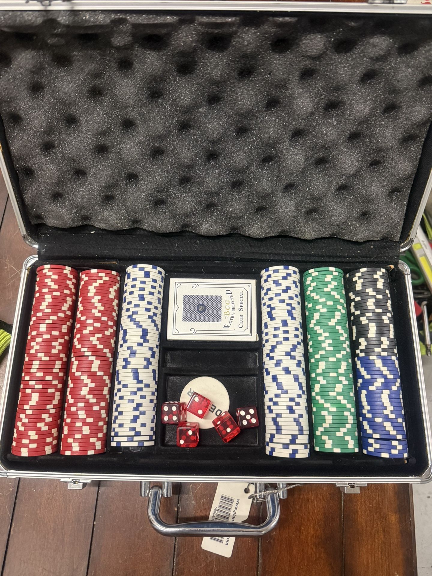 Poker Chip Set With Case includes cards, marker chips and keys to lock the case