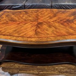 Elegant Wood Coffee Table – Burl Veneer Top with Ornate Base
