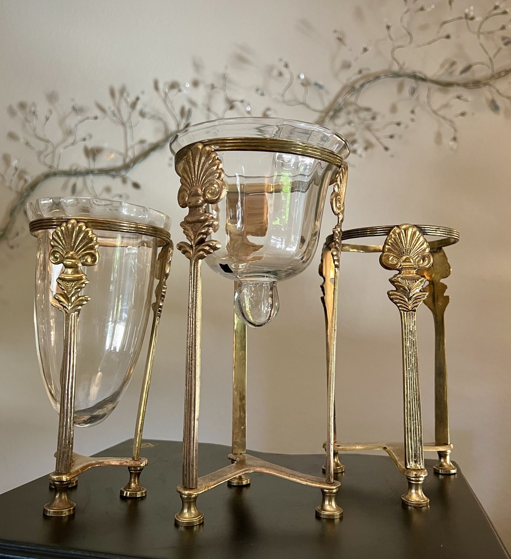 Set of Ornate Vintage Ribbed Glass Vases / Candle Holders