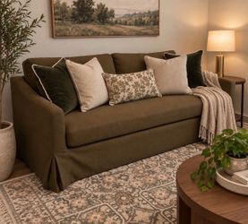 Beautiful new open-box slipcover sofa in color Moss.