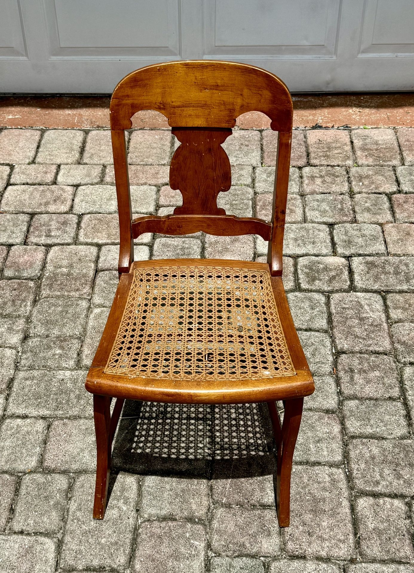 ⭕️  Antique Wooden Chair With Carved Back And Cane Seat