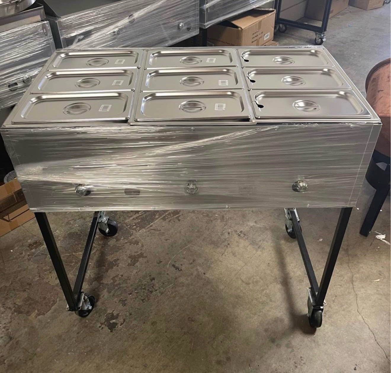 Mesa vaporera de 9 compartimientos para mantener la comida caliente incluye manguera y regulador