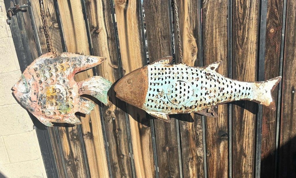 2 Large Hanging Metal Fish Decor 2'&3' Long