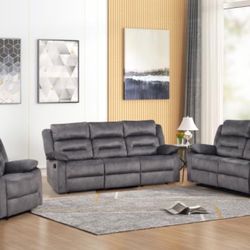 3 Pc Sofa Loveseat And Recliner Available In Blue Gray Brown And Gray