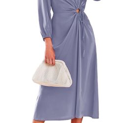 Satin Maxi Dress Puff Long Sleeve Crewneck Cutout Casual A-line Long Flowy Dresses Grey Blue