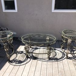 Bronze HEAVY Wrought Iron Sofa Table and End Tables with Thick 1" Tempered Glass Top Contemporary Clean Look - Set of 3