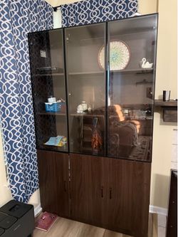 78.7 in tall brown wood 10 shelf standard bookcase bookshelf with glass doors, led lights, drawers , adjustable shelves