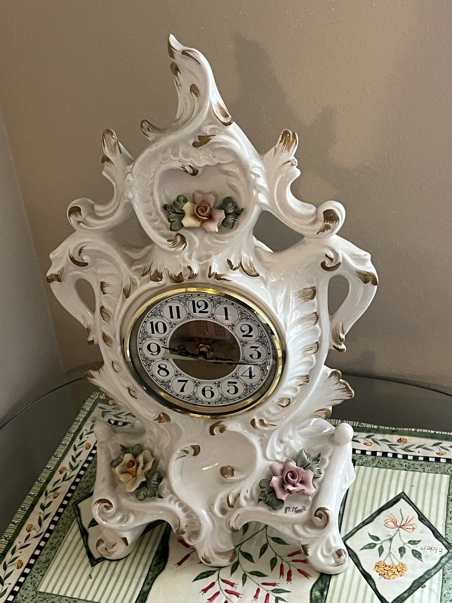 Vintage Italian Style Porcelain Mantel Clock Floral Gold Accents