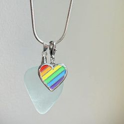 Aqua Sea Glass With Charm On Sterling Silver Necklace 