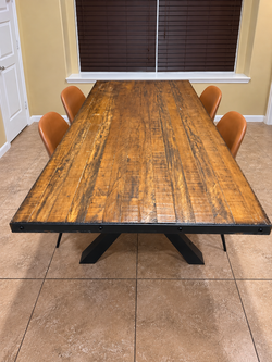 Industrial Dining Table – Rustic Plank Top, Black X-Base – Seats 6