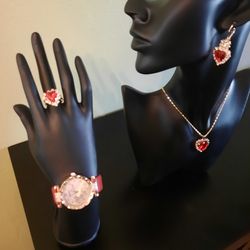 Ladies Gift Set Includes Earrings, Necklace, Watch And Ring. 