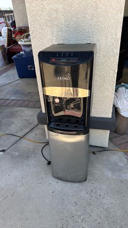 Primo stainless steel bottom-load water dispenser featuring a black top and silver base.