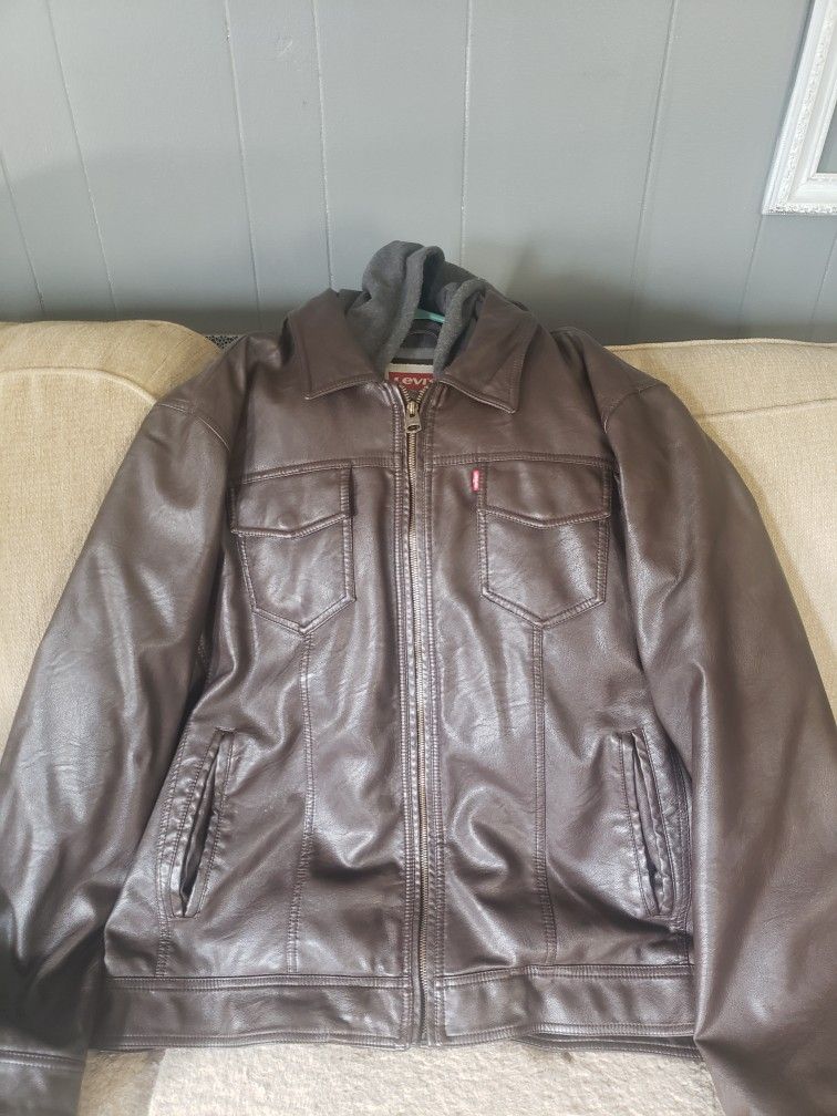 Levi's brown leather jacket with hood LX