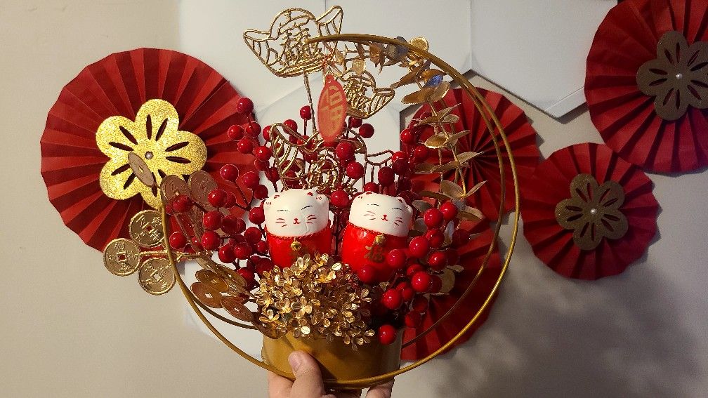 Lldouble Lucky Cat Red Flower Hoa Tet