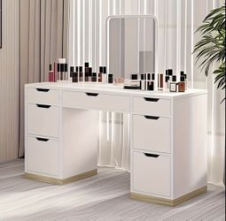 54" Vanity Desk with Drawers, Makeup Desk with 7 Storage Drawers for Bedroom, Desk Vanity No Mirror, White