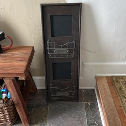 Wood Wall Organizer With Wire Basket And Chalkboard