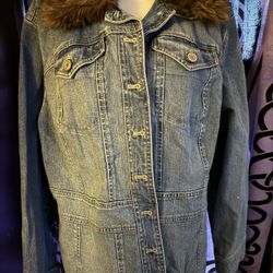 Denim Coat With Faux Fur Collar 