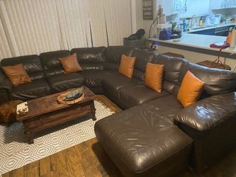 Large Brown Leather Sectional Sofa with Chaise
