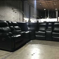 New black leather tufted sectional reclining sofa