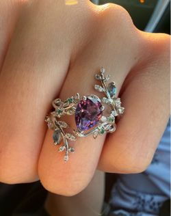 Vintage Pear Shaped Amethyst Engagement Ring Nature Inspired Leaf Emerald White Gold Wedding Band Enhancer Twisted Bridal Ring Set Women