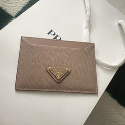 Prada Textured Mauve Tan  Beige Gold Card Holder 