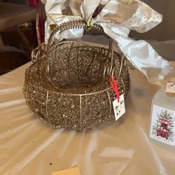 Gold Wire Basket with Decorative Bow Holiday Decor