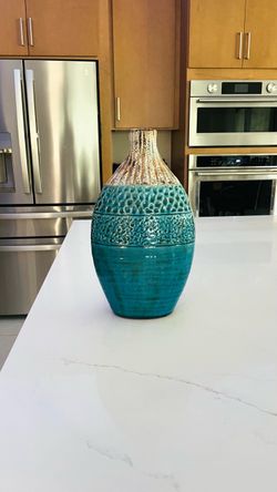 Large Textured Ceramic Vase – Distressed Teal & Brown Boho Decor