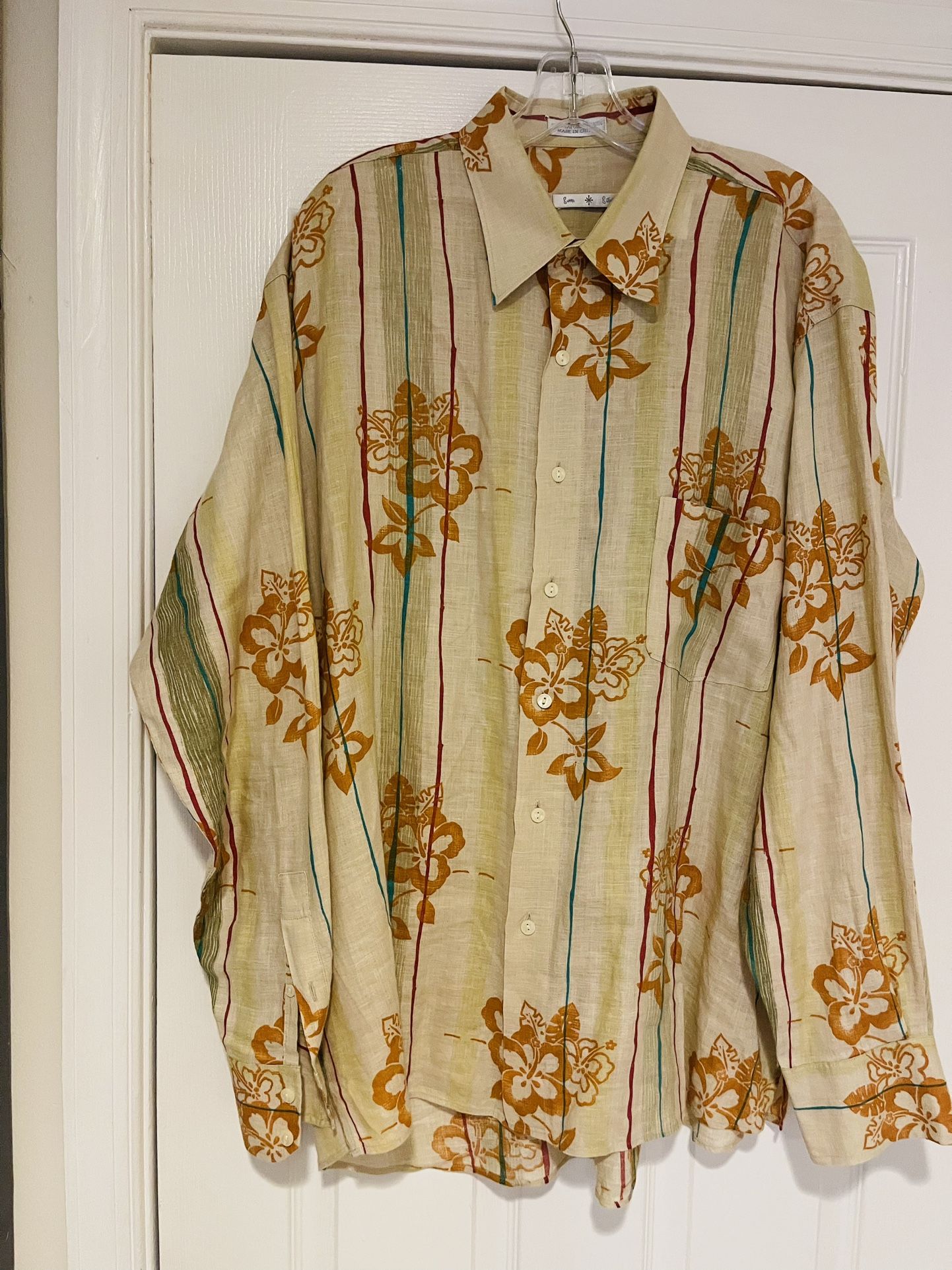 Men’s Bumka Bibas Long Sleeve Floral 100% Natural Linen Beige Hawaiian Shirt Size Large