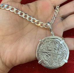 Big silver Atocha coin pendant with big curb link chain
