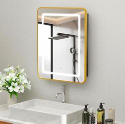 New 24 x 30 Inch Medicine Cabinet Mirror with LED Lights, Gold Bathroom Medicine Cabinet with Mirror and Storage, Recessed or Wall Mount, 3 Color Temp