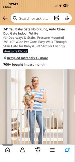 34" Tall White Baby Gate No Drilling