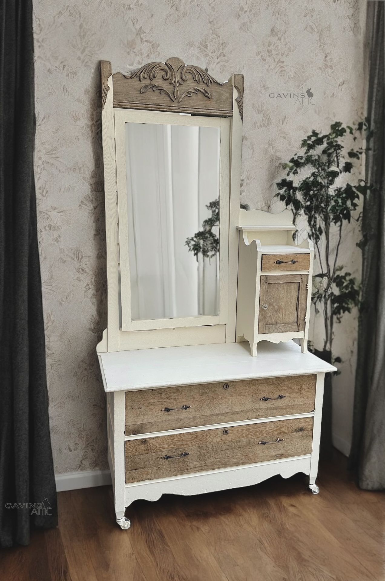 Antique Handcrafted 1800s Gentlemanโs Mirrored Hat Box Dresser, Refinished in Cottage White/Raw Wood