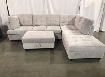 Brand New Grey Chenille Fabric Sectional Set With Storage Ottoman