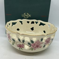 VTG Lenox Barrington Collection Pink Floral Golden Rim Punch Out Bowl Cutwork 6”