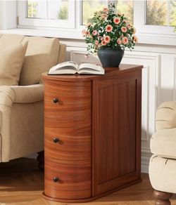 Solid End Table with 3 Drawers, Narrow Sofa Side Table with Storage, Vintage Slim Bedside Table Curved Wood Side Table for Living Room,
