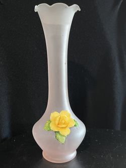 Frosted Glass Bud Vase With Porcelain Applied Rose